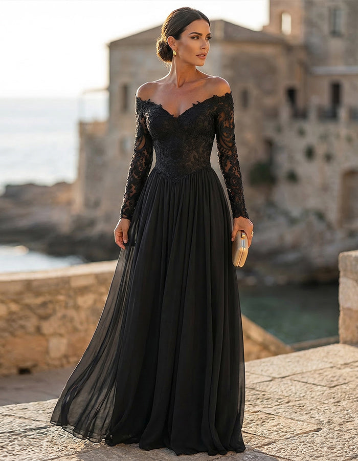 Solid Color Lace Off Shoulder Long Sleeve Maxi Dress