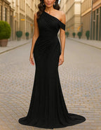 Solid Color Satin One Shoulder Twisted Fishtail Maxi Dress