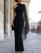Black Chiffon One Shoulder Ribbon Maxi Dress