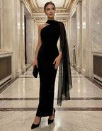 Black Chiffon One Shoulder Ribbon Maxi Dress