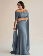 Vestido largo de gasa gris azulado con hombros descubiertos y chal cruzado (tallas grandes) - LOVRA DESIGN