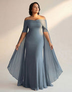 Vestido largo de gasa gris azulado con hombros descubiertos y chal cruzado (tallas grandes) - LOVRA DESIGN