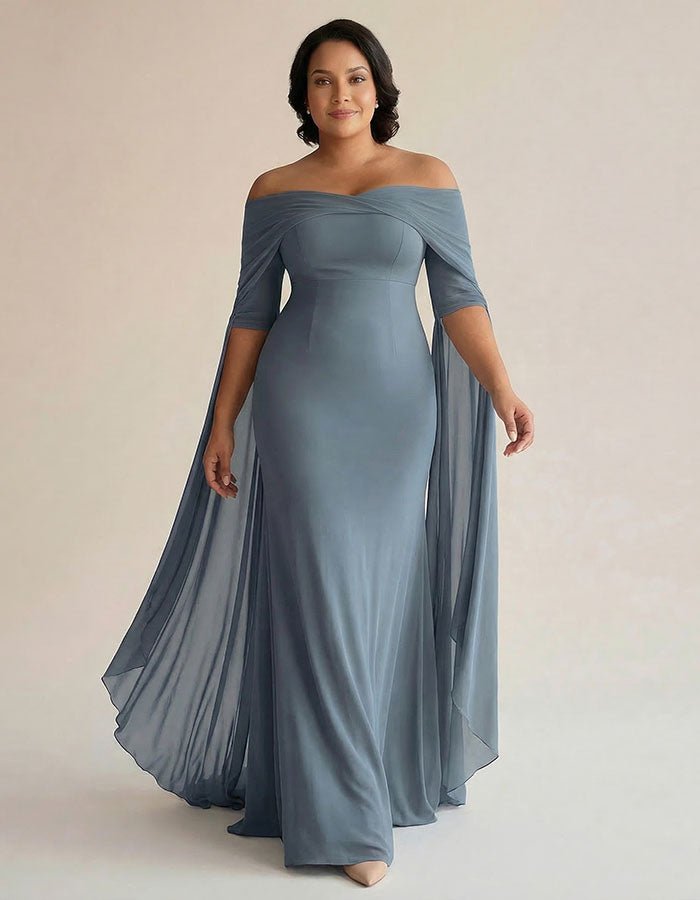 Vestido largo de gasa gris azulado con hombros descubiertos y chal cruzado (tallas grandes) - LOVRA DESIGN