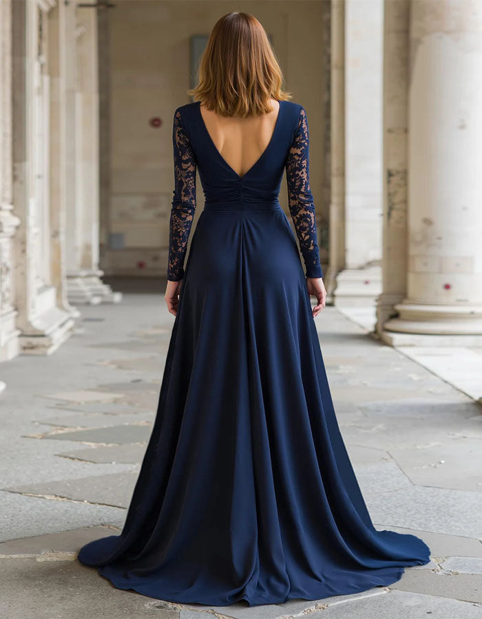 Navy Blue Lace Trimmed Chiffon Deep V-Neck  Maxi Dress
