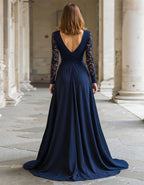 Navy Blue Lace Trimmed Chiffon Deep V-Neck  Maxi Dress