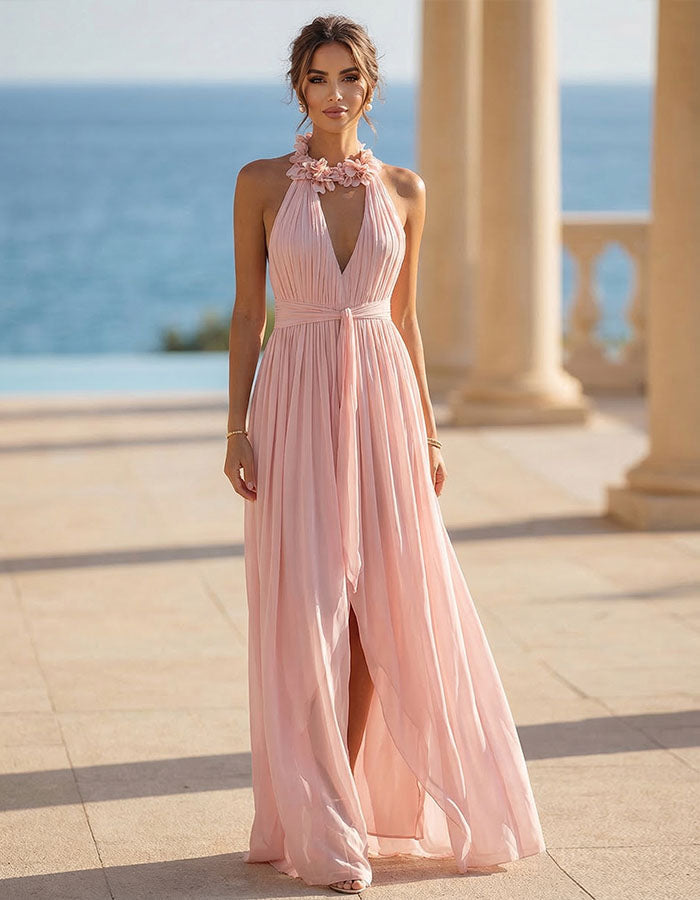 Pink 3D Floral Halter Neck Chiffon Maxi Dress