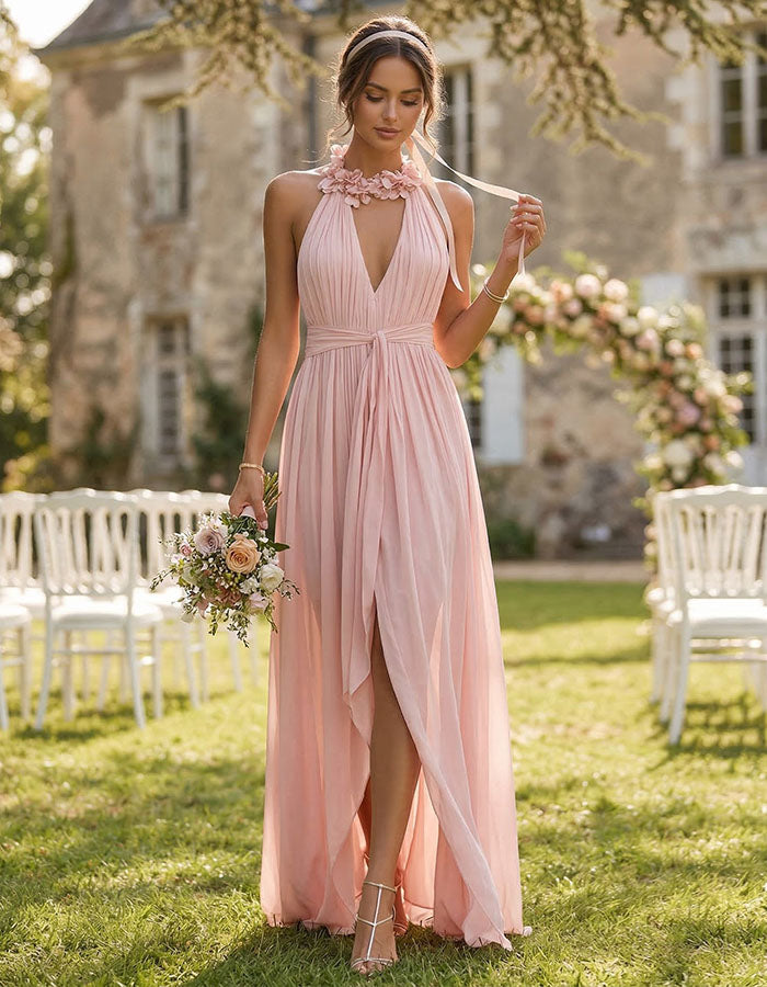 Pink 3D Floral Halter Neck Chiffon Maxi Dress