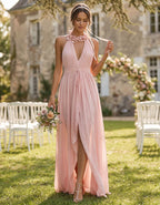 Pink 3D Floral Halter Neck Chiffon Maxi Dress