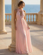 Pink 3D Floral Halter Neck Chiffon Maxi Dress