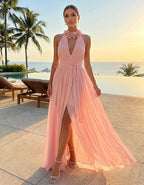Pink 3D Floral Halter Neck Chiffon Maxi Dress