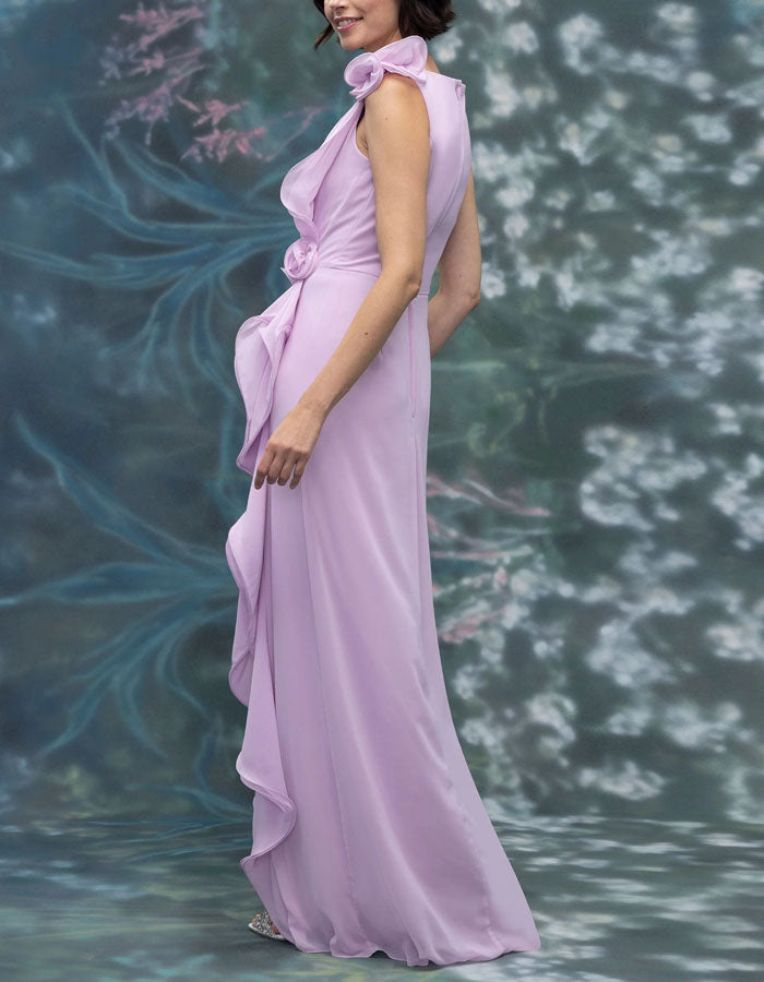 Solid Color 3D Floral Ruffle Chiffon Maxi Dress