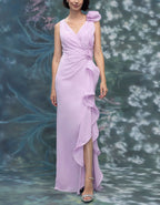 Solid Color 3D Floral Ruffle Chiffon Maxi Dress