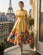 Yellow Round Neck Printed Flared Midi Dress