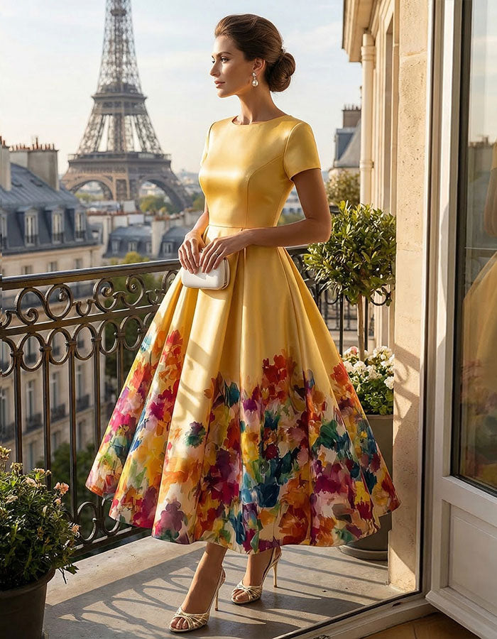 Yellow Round Neck Printed Flared Midi Dress