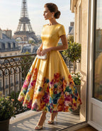 Yellow Round Neck Printed Flared Midi Dress