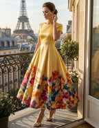 Yellow Round Neck Printed Flared Midi Dress