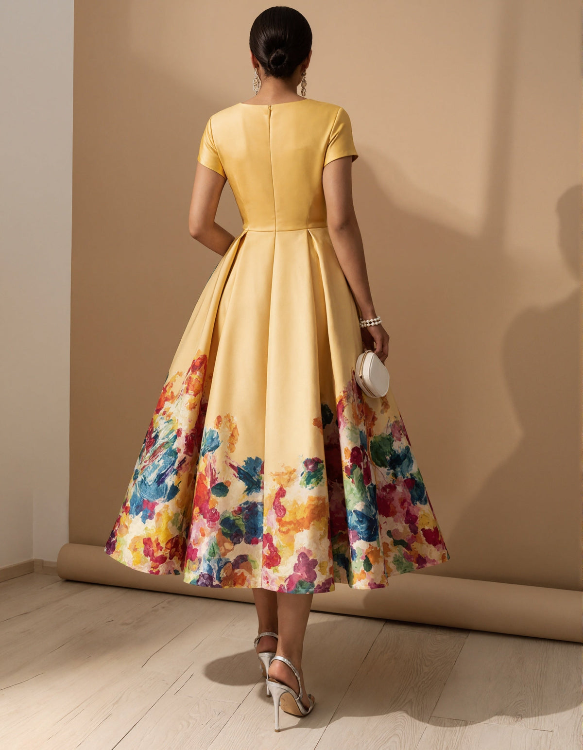 Yellow Round Neck Printed Flared Midi Dress