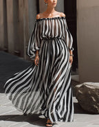 Black And White Striped Off Shoulder Chiffon Maxi Dress