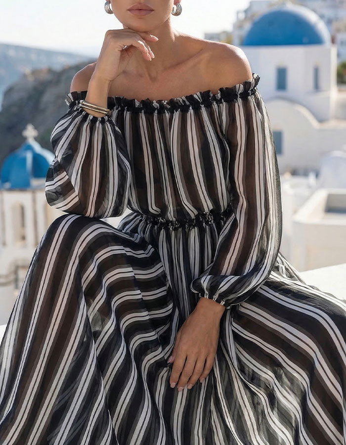 Black And White Striped Off Shoulder Chiffon Maxi Dress