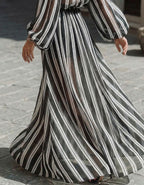 Black And White Striped Off Shoulder Chiffon Maxi Dress