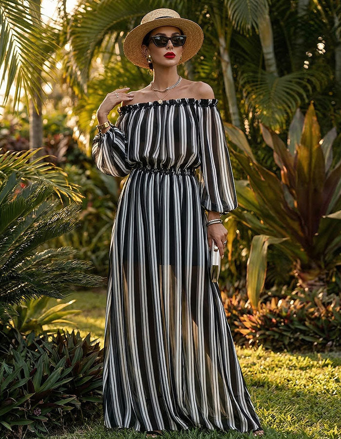Black And White Striped Off Shoulder Chiffon Maxi Dress