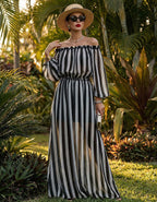 Black And White Striped Off Shoulder Chiffon Maxi Dress