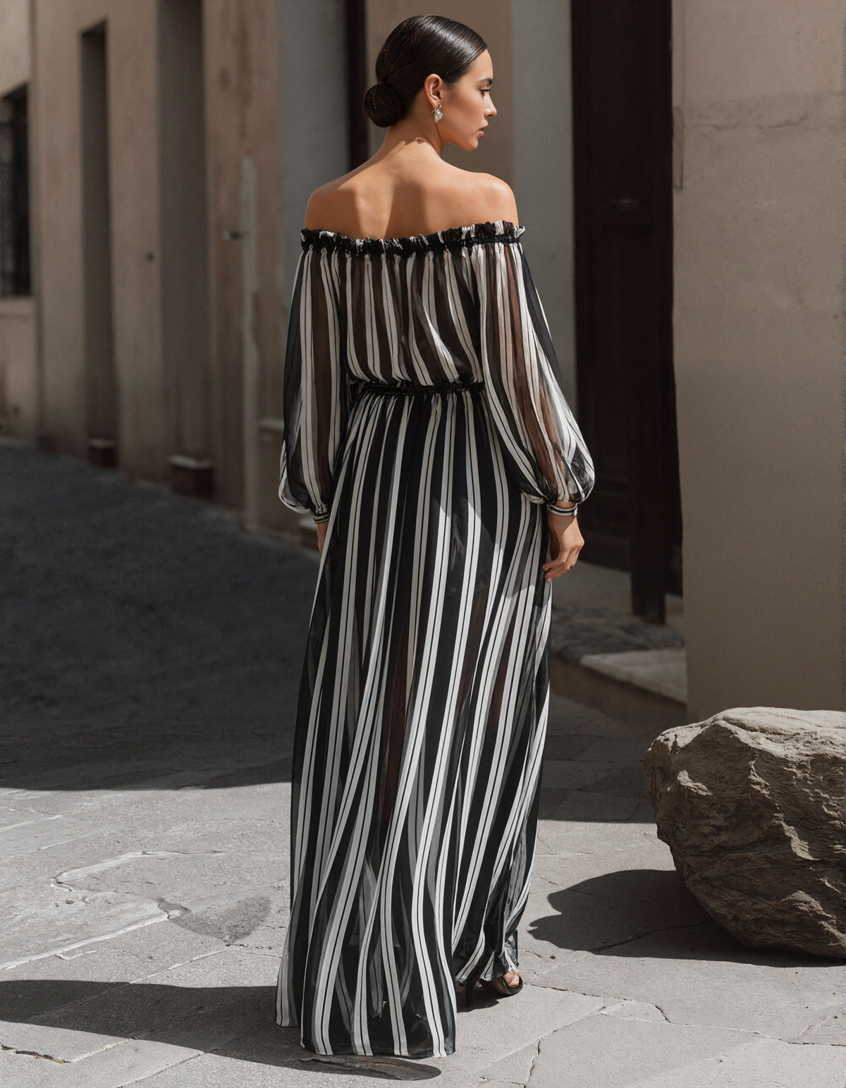 Black And White Striped Off Shoulder Chiffon Maxi Dress