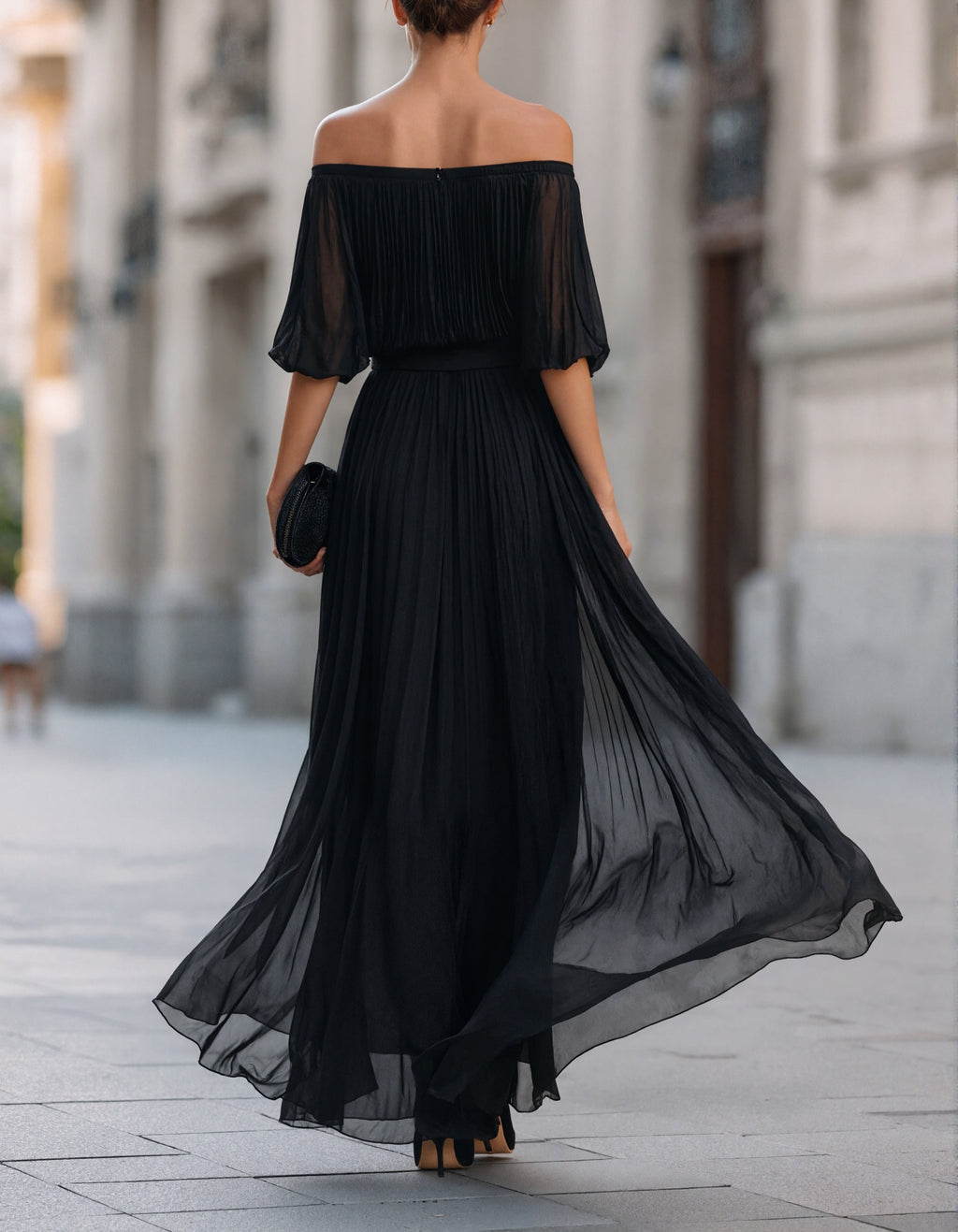 Black Off Shoulder Chiffon Slit Maxi Dress