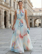 Blue Background With Iridescent Floral Halter Neck And Cinched Waist Maxi Dress