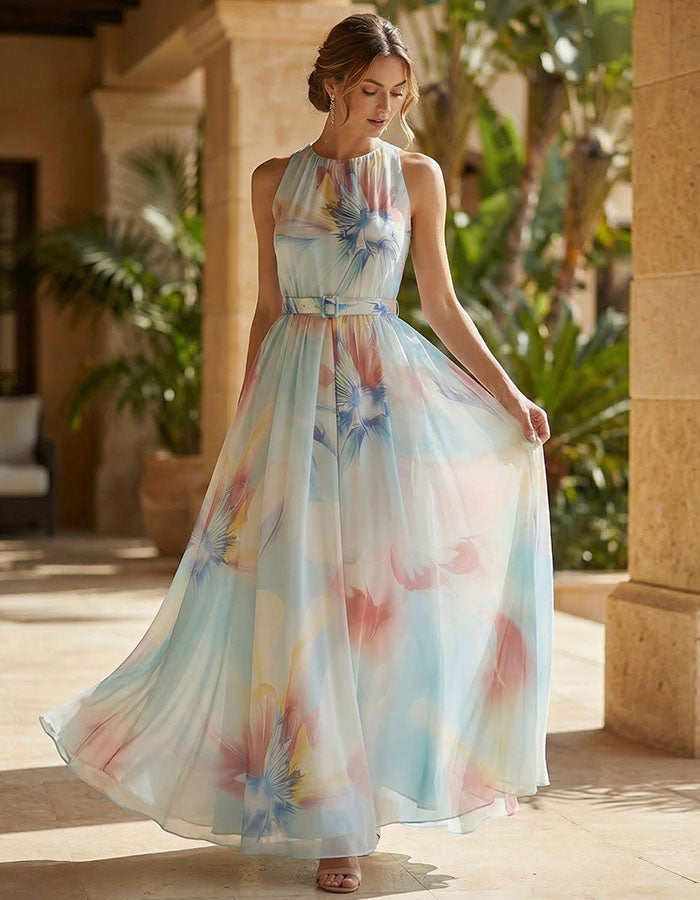 Blue Background With Iridescent Floral Halter Neck And Cinched Waist Maxi Dress