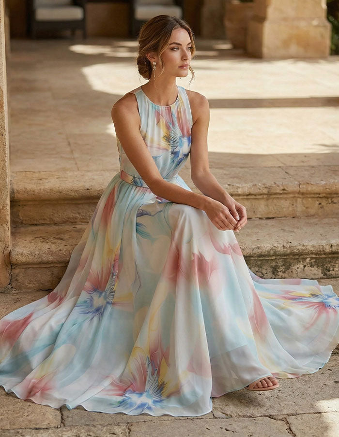 Blue Background With Iridescent Floral Halter Neck And Cinched Waist Maxi Dress