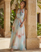 Blue Background With Iridescent Floral Halter Neck And Cinched Waist Maxi Dress