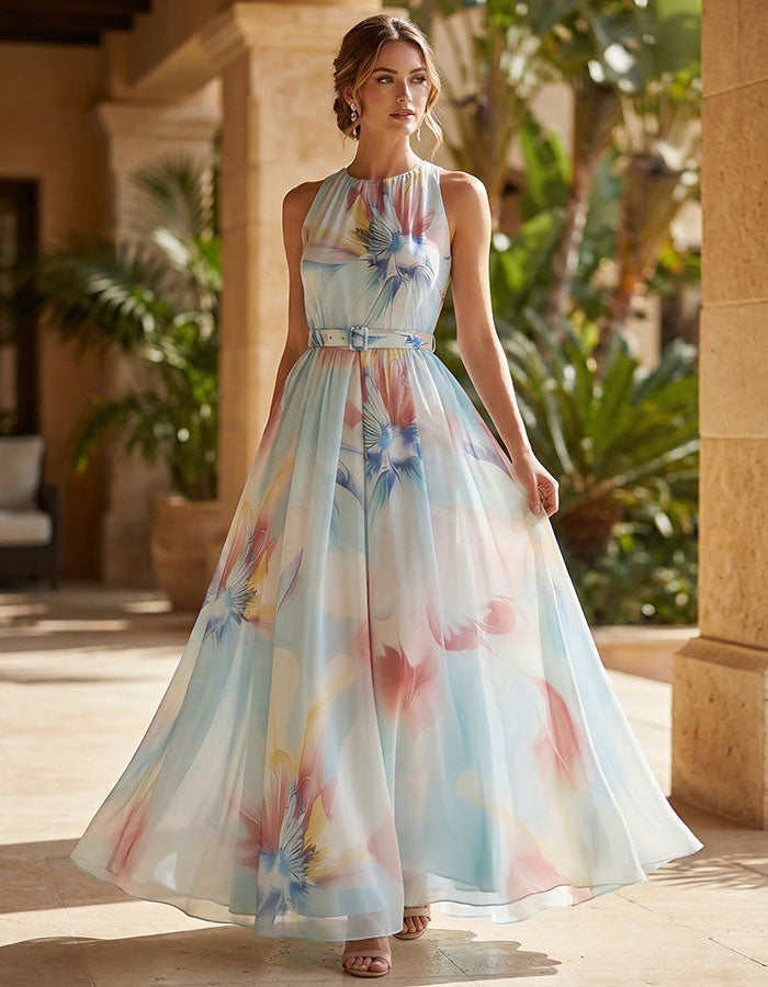 Blue Background With Iridescent Floral Halter Neck And Cinched Waist Maxi Dress