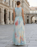 Blue Background With Iridescent Floral Halter Neck And Cinched Waist Maxi Dress