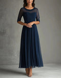 Navy Blue Mesh Sequined Waist Maxi Dress
