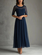 Navy Blue Mesh Sequined Waist Maxi Dress
