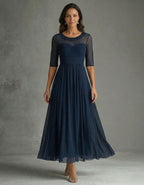 Navy Blue Mesh Sequined Waist Maxi Dress