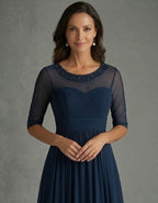 Navy Blue Mesh Sequined Waist Maxi Dress