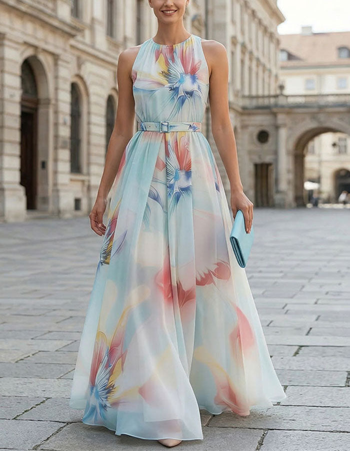 Blue Background With Iridescent Floral Halter Neck And Cinched Waist Maxi Dress
