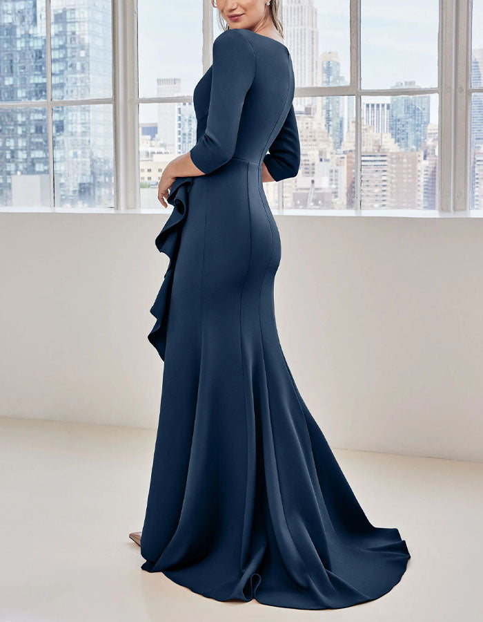 Navy Blue Satin Pleated Slit Maxi Dress