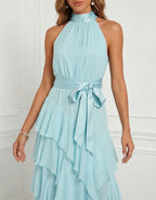 Blue Halter Neck Ruffled Chiffon Maxi Dress