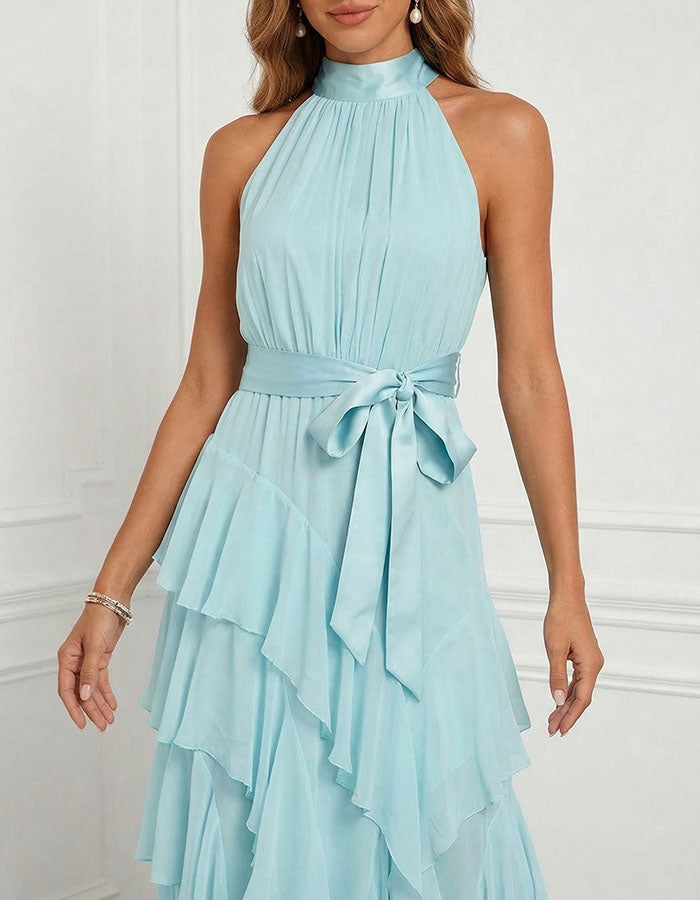Blue Halter Neck Ruffled Chiffon Maxi Dress