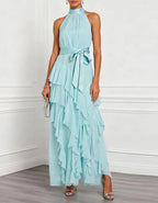 Blue Halter Neck Ruffled Chiffon Maxi Dress