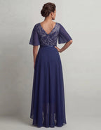 Navy Blue Sequined Lace Chiffon Maxi Dress