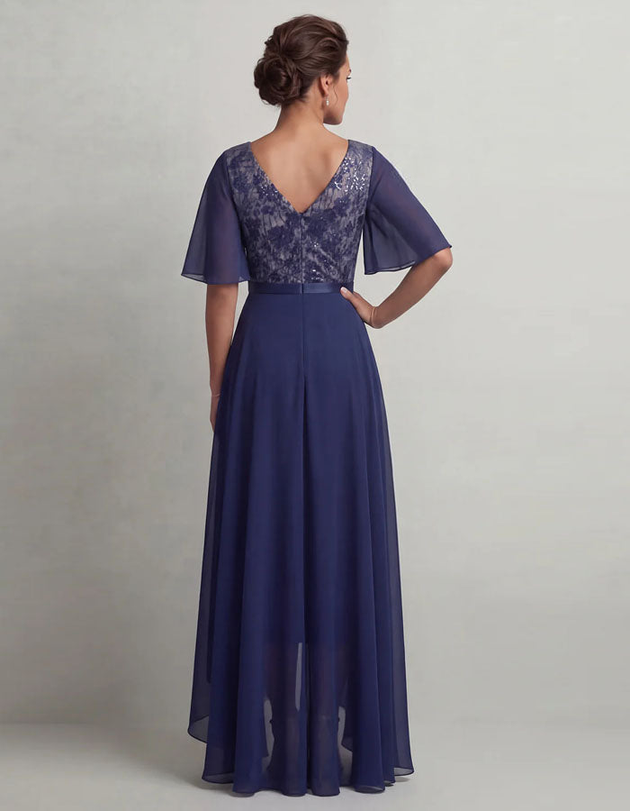 Navy Blue Sequined Lace Chiffon Maxi Dress