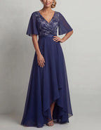 Navy Blue Sequined Lace Chiffon Maxi Dress