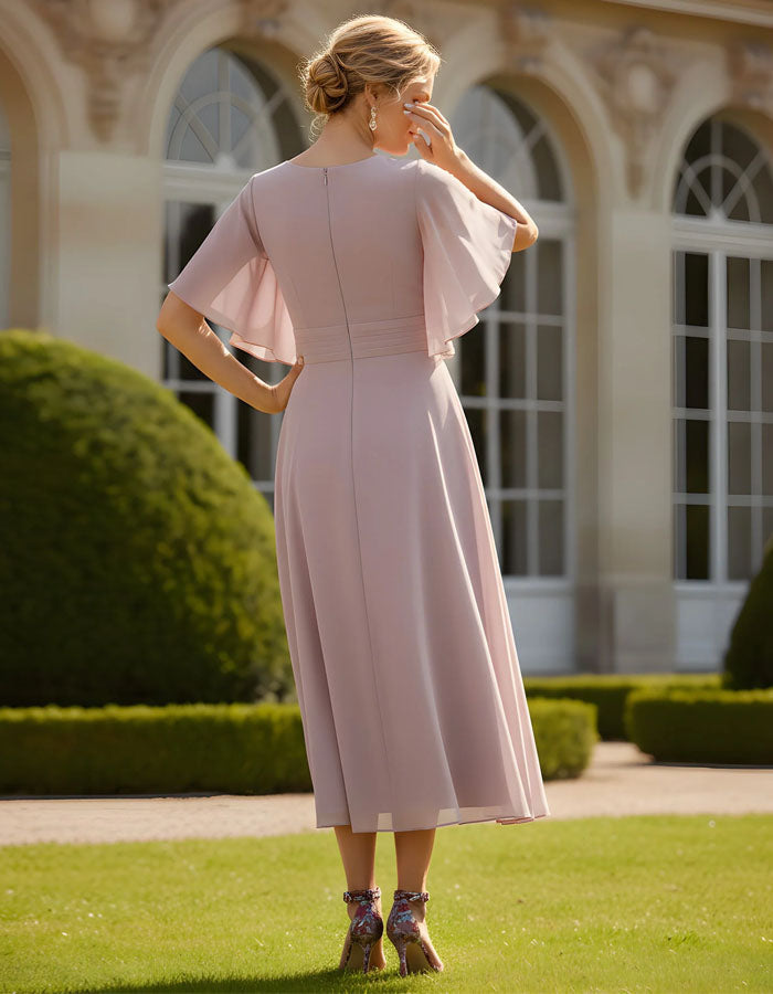 Grayish Pink V-Neck Chiffon Flutter Sleeves Midi Dress
