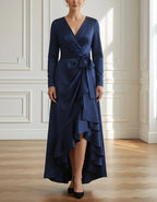 Navy Blue Satin V-neck Wrap Bodice With Ruffles Maxi Dress