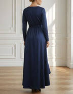 Navy Blue Satin V-neck Wrap Bodice With Ruffles Maxi Dress