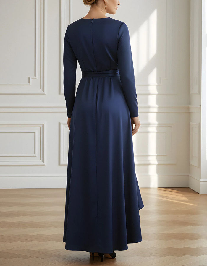 Navy Blue Satin V-neck Wrap Bodice With Ruffles Maxi Dress